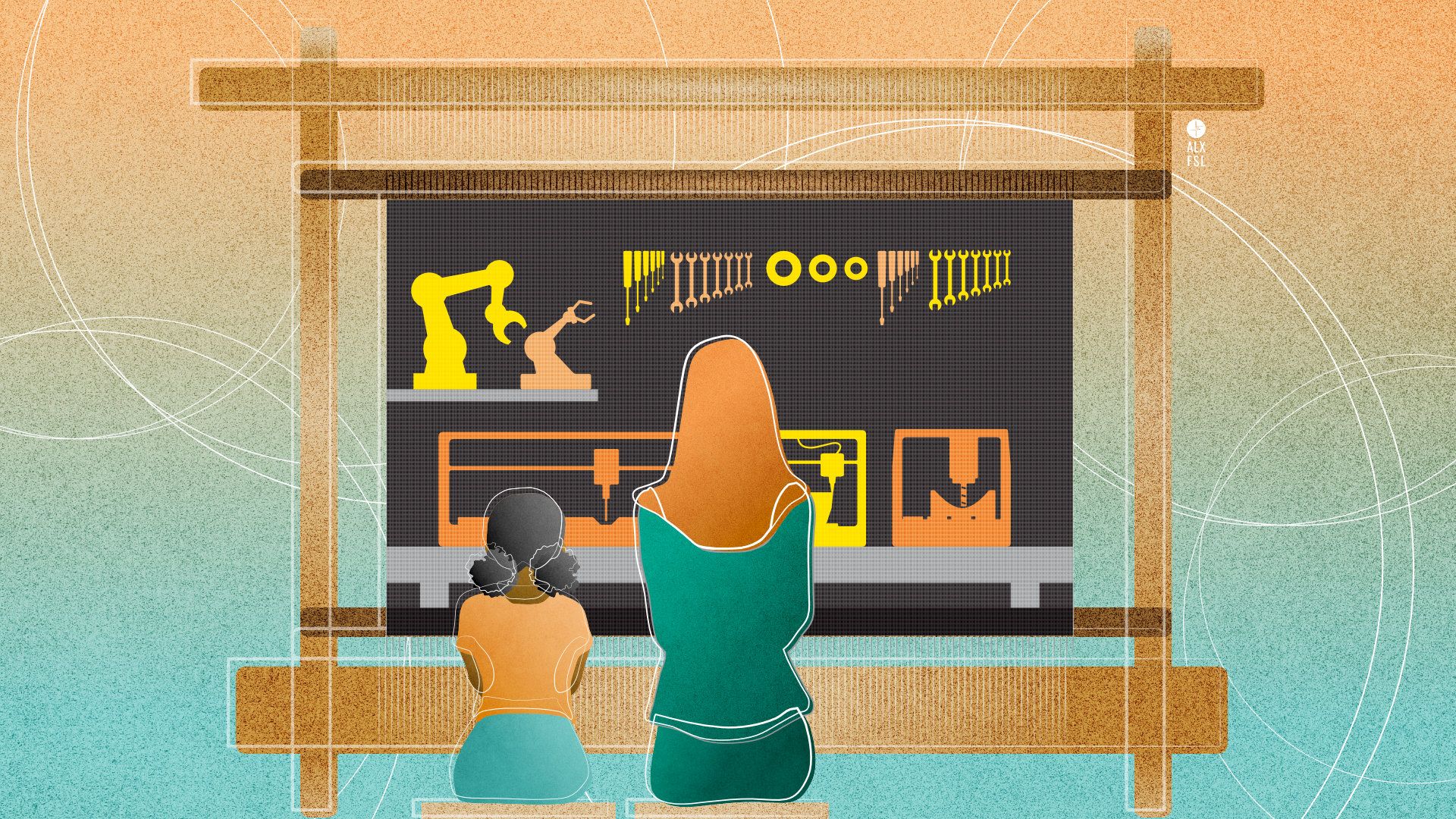Vector drawing of a woman with a child seated in front of a loom. The vertical textile shows maker tools as woven into the fabric 