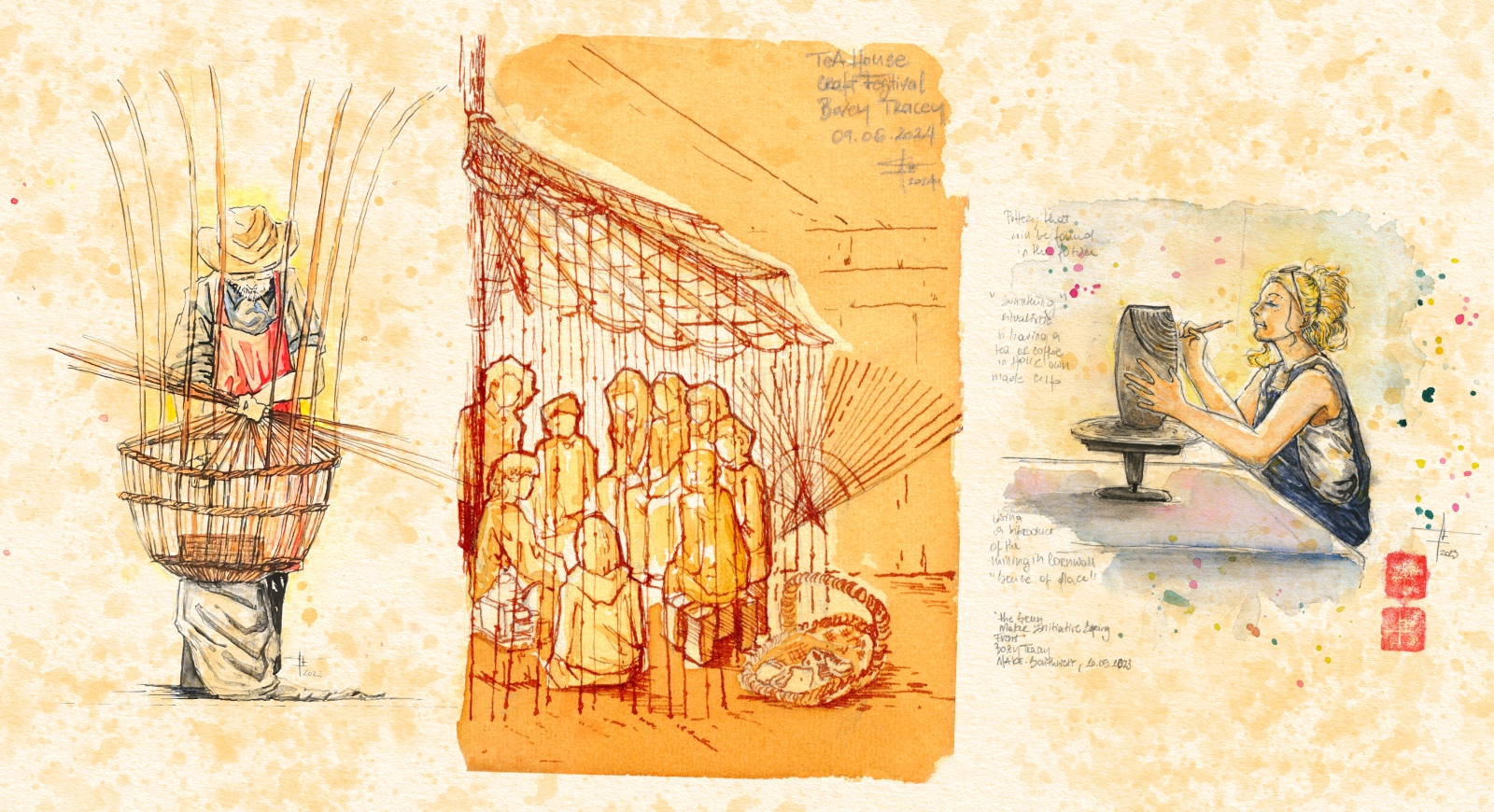 decorative collage of sketches of people doing crafts