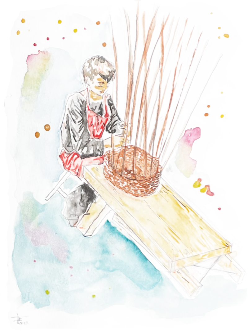Watercolour and ink drawing of a man weaving a willow basket