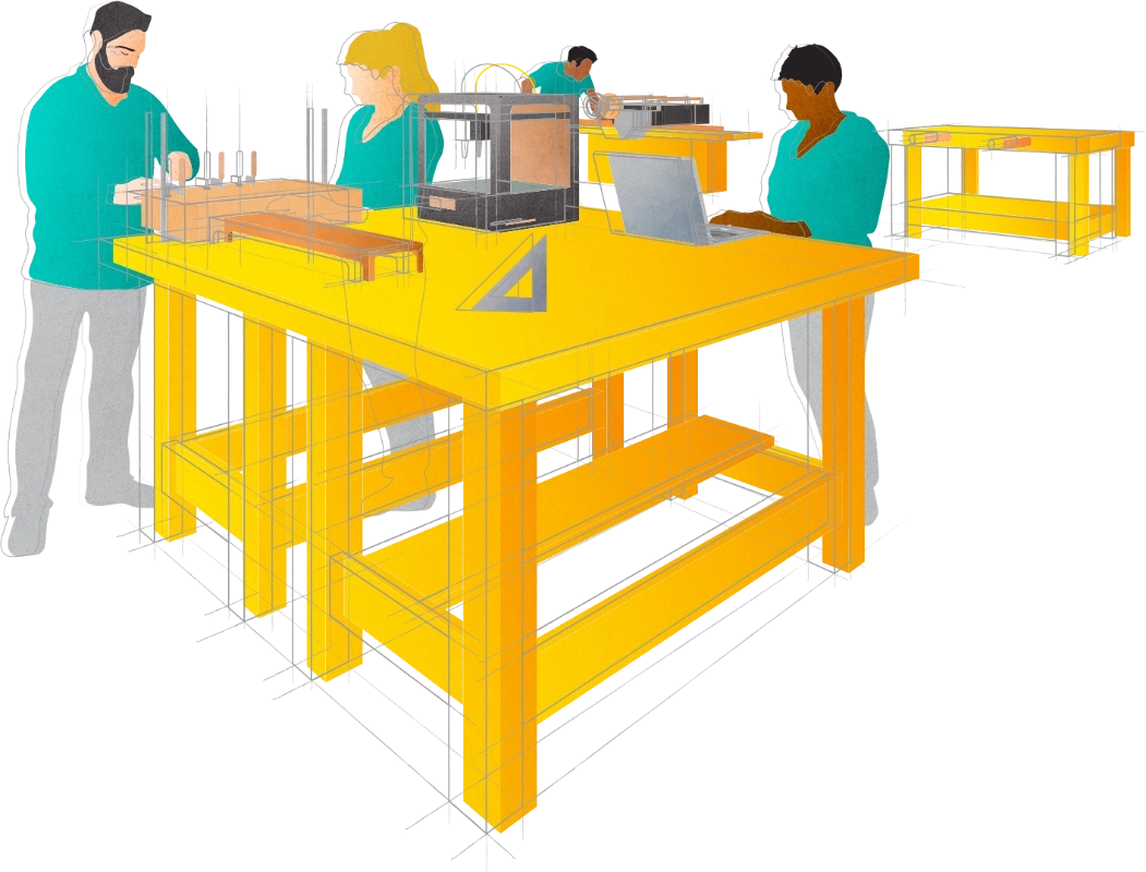 Digital drawing of people working in a makerspace