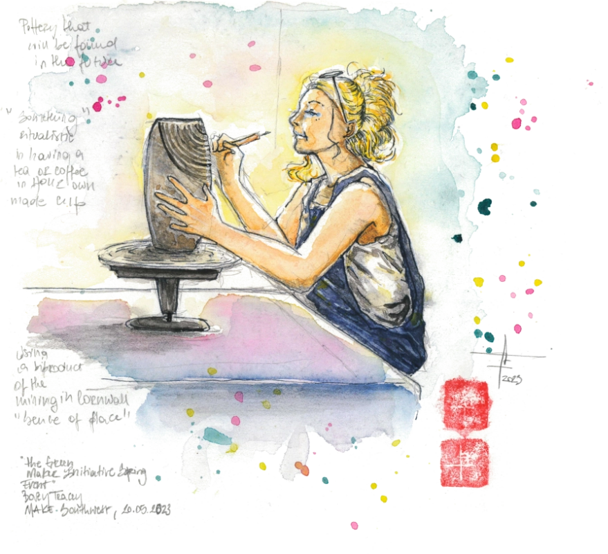 Watercolour drawing of a woman making pottery.