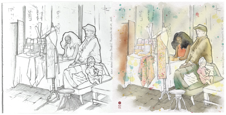 Drawing of a craft stall with a woman of colour behind the stall, a photographer seated nearby, and a young child playing with something on a sofa. Mirror image with pencil outlines on the left and digital watercolour (warm tones) on the right.