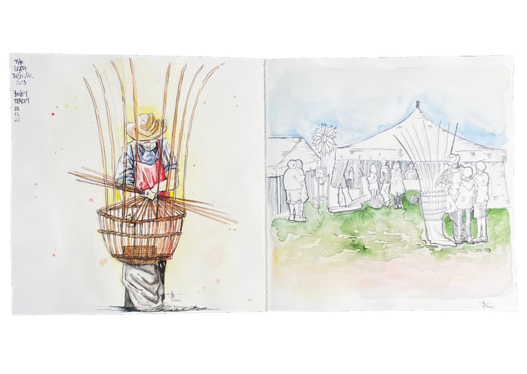Sketchbook double spread. Watercolour and ink on paper. On the right: drawing of a man weaving a basket. On the left: drawing of the Heritage Craft pavillion at the Craft Festival with people visiting and interacting with the makers.