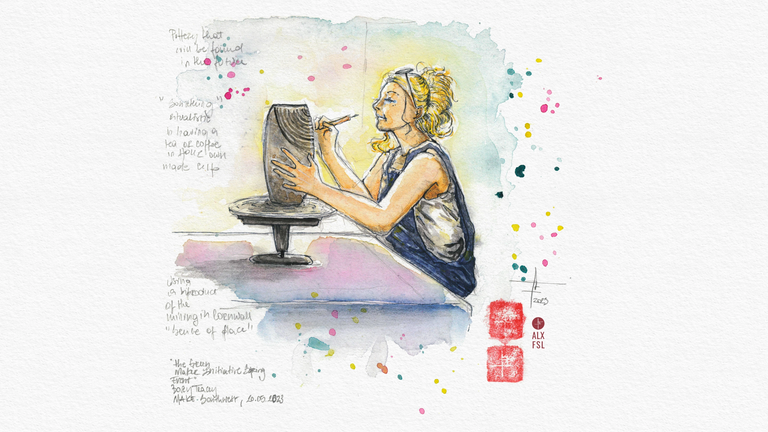 Watercolour drawing of Sarah Sullivan making pottery