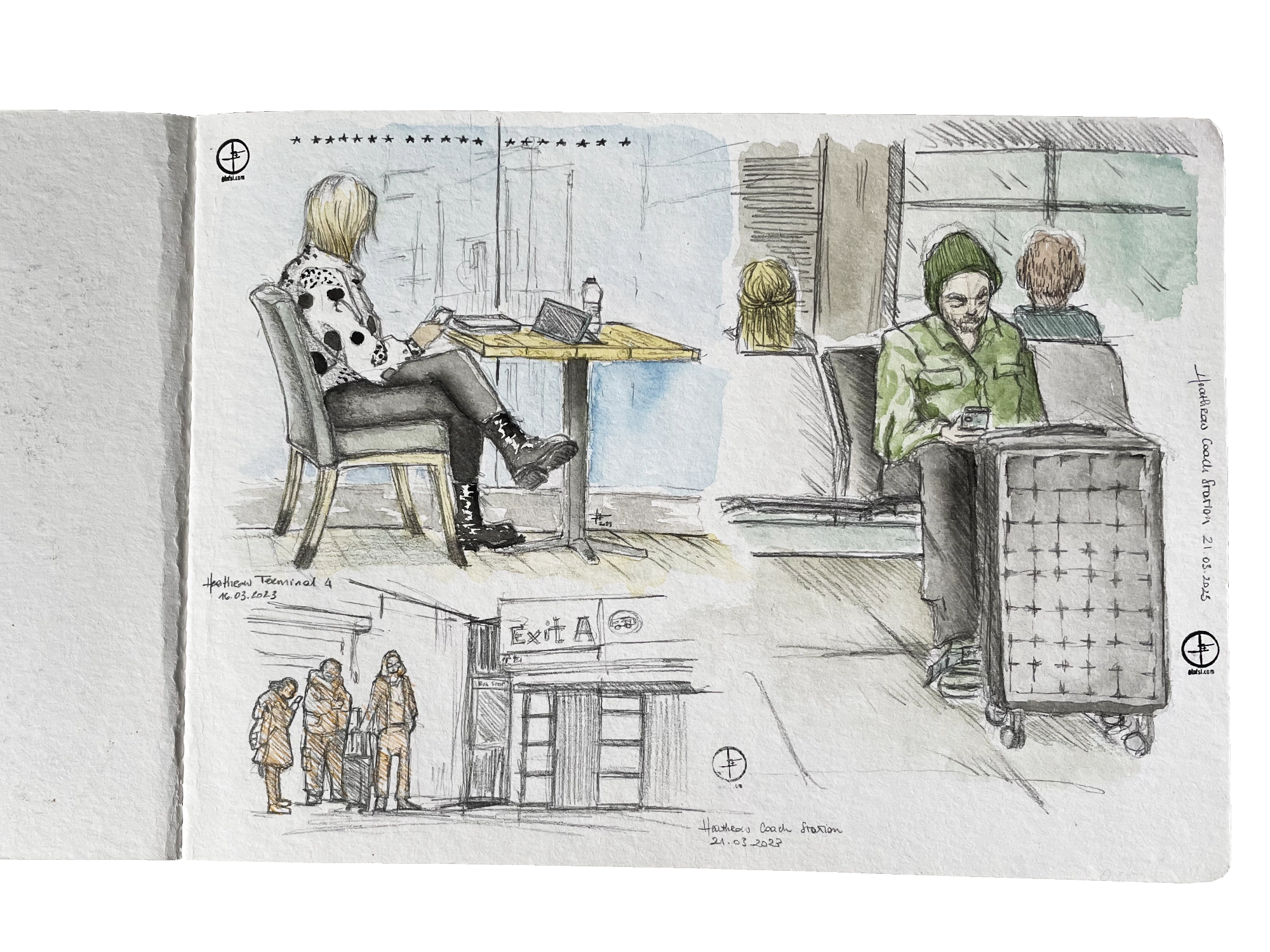 Picture of a paper sketchbook page with several drawings of people looking at their phones in waiting areas of Heathrow Airport