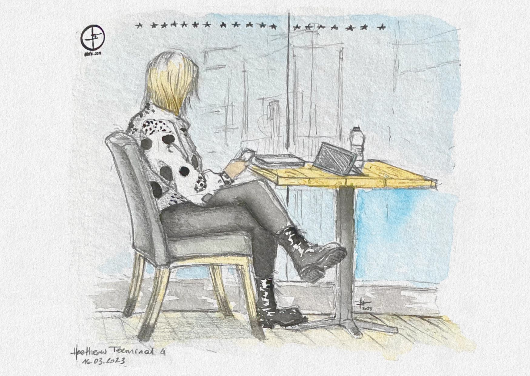 Watercolour and pencil drawing of a woman sitting in a café and looking at her phone at Heathrow Airport
