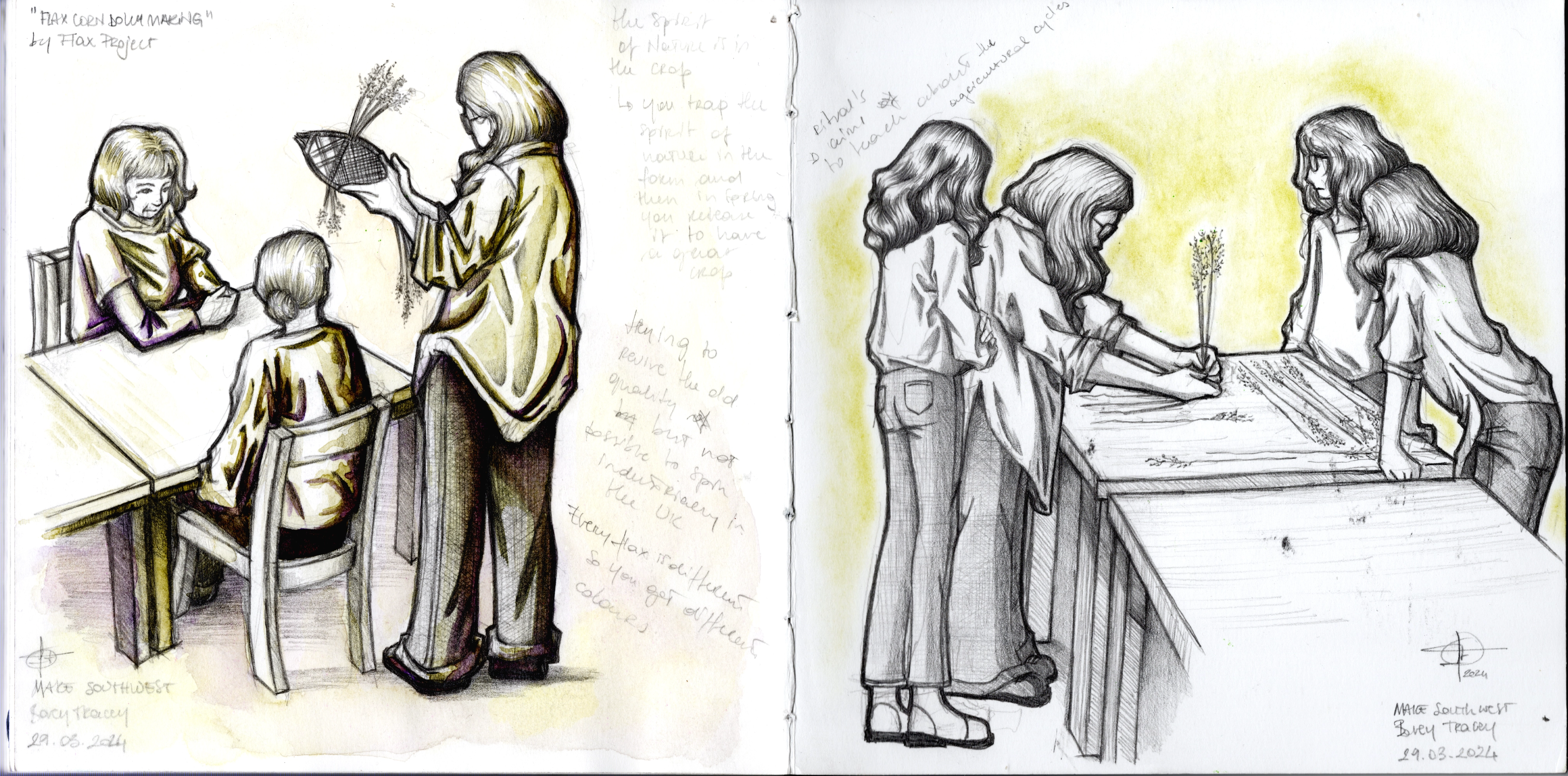 Scan of a double spread sketchbook with pencil sketches of a group of women learning how to weave flax into dolls and nature-inspired shapes. Background and shades made with green and purple pastel. 