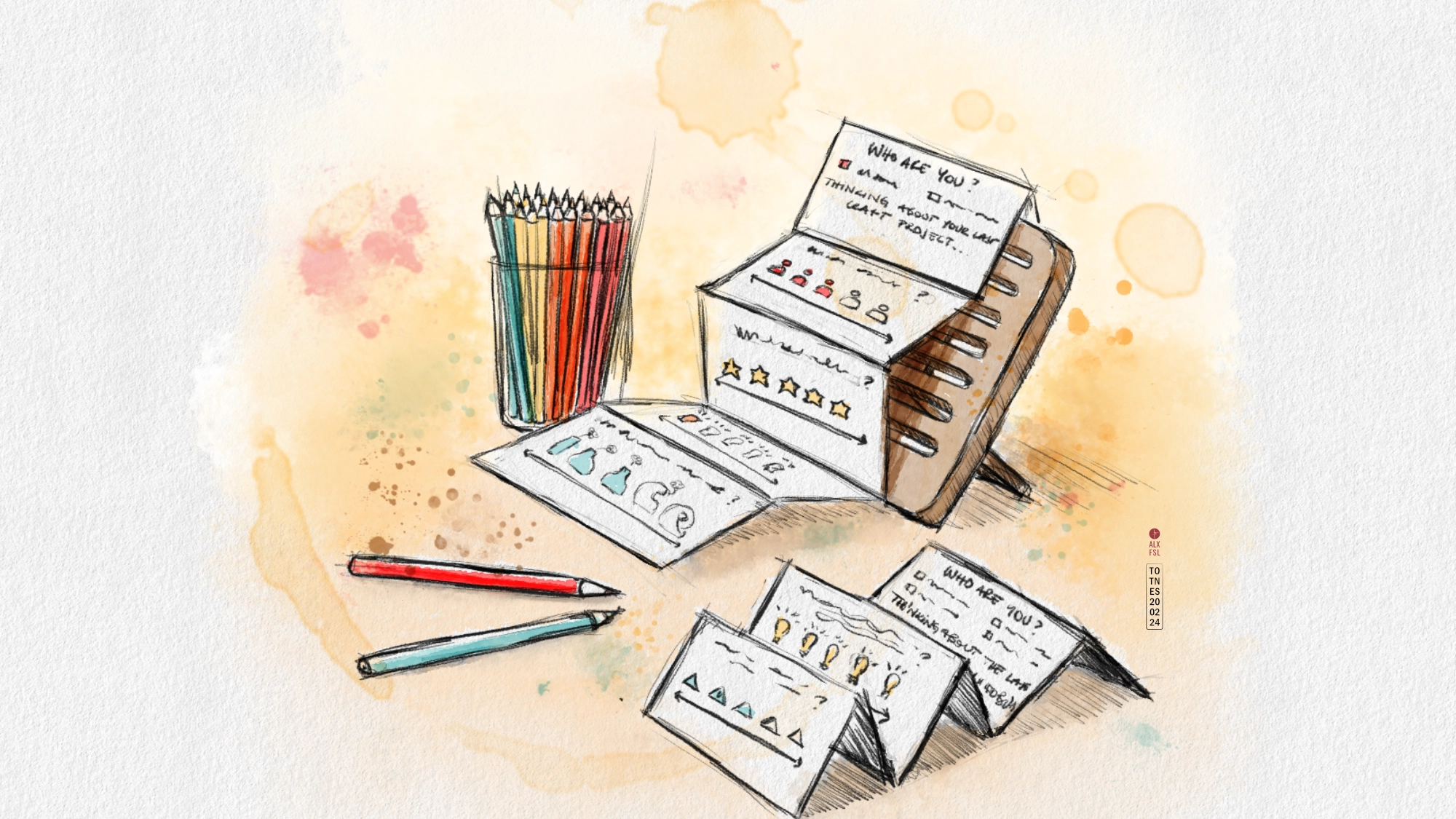Digital watercolour drawing of concertina leaflets and coloured pencils on warm colour background with watercolour splatters.