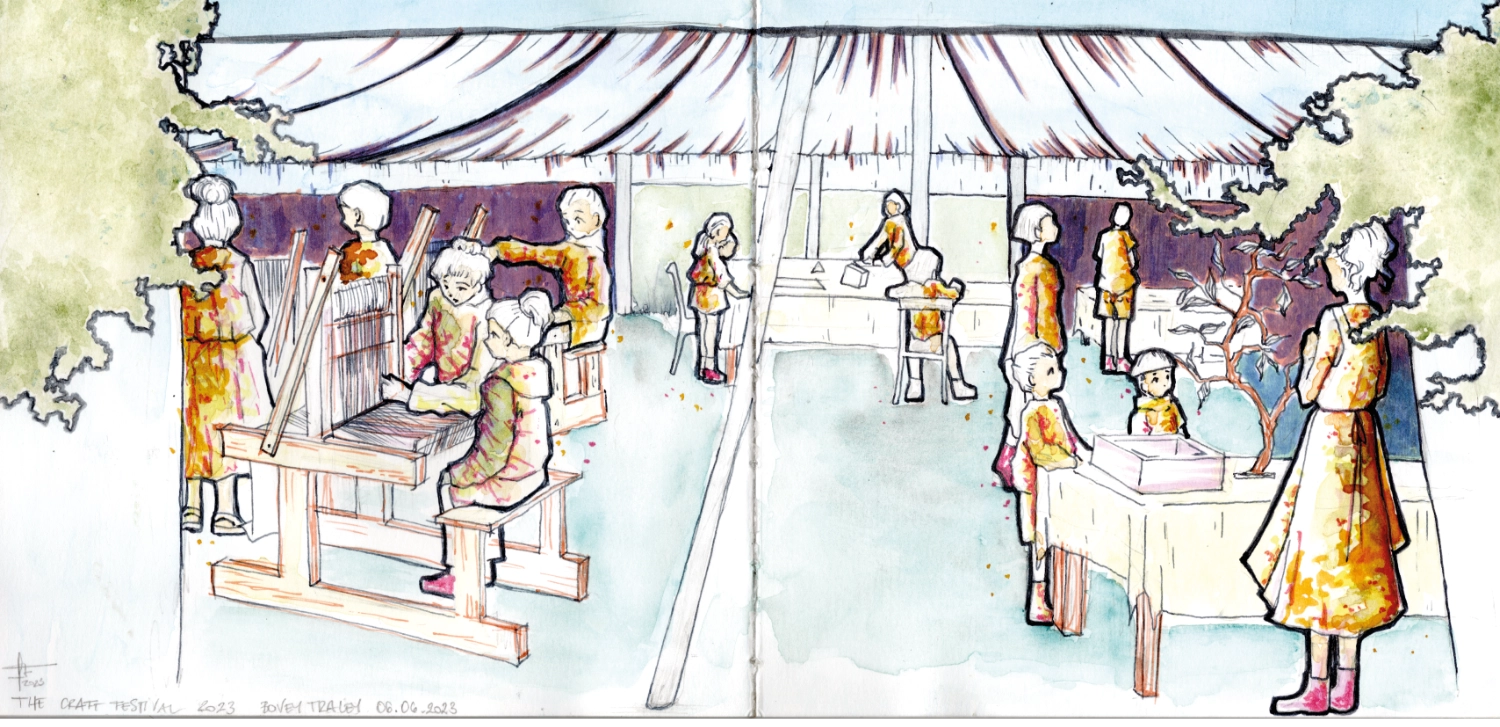 double spread sketchbook watercolour and ink sketch of the children pavilion at the craft festival, where children engaging in various craft activities