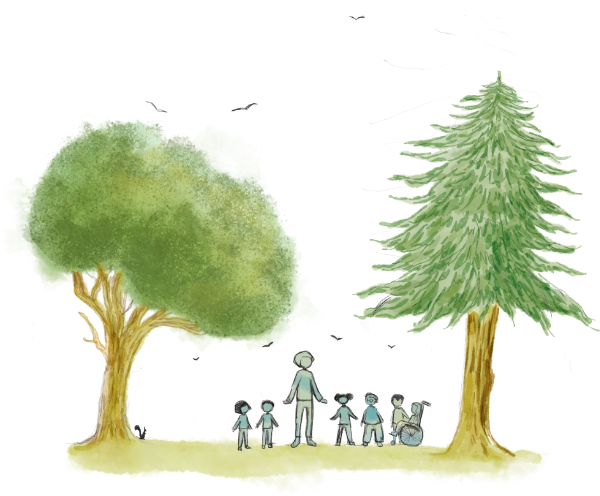 Figure 26:  Drawing of all children outdoor playing on the grass with an adult in the middle with green tall trees and black silhouettes of animals and birds around them. 