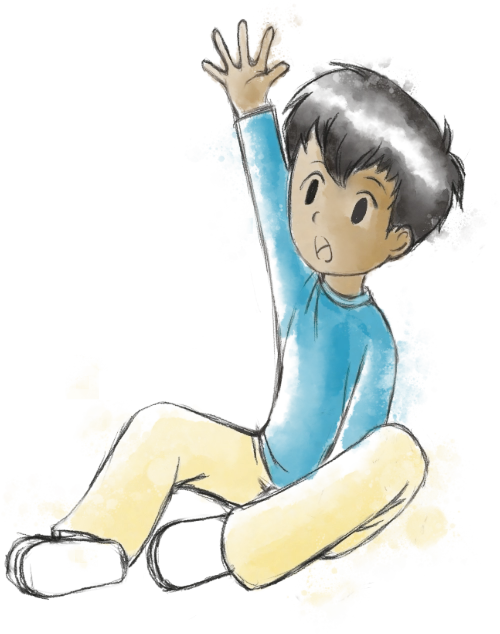 Figure 22:  Watercolour cartoon drawing of a brown child seated on the floor with their left hand up asking a question. They have short straight hair and they wear a blue shirt, yellow trousers, and white shoes