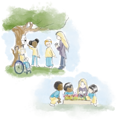 Figure 7:  Collage with the blond girl joining the children in figure 4 (at the top) and the children in figure 5 (at the bottom) to speak with them. She is taking notes