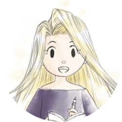 Figure 19:   Watercolour cartoon front drawing the long-haired blond girl smiling  and writing on her sketchbook while looking at and speaking to the reader. 