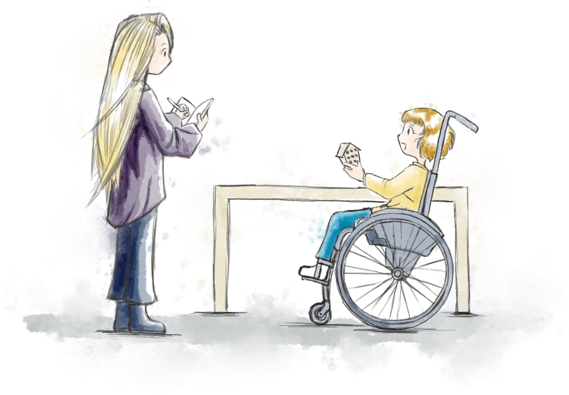 Figure 14:  Watercolour cartoon drawing of the long-hair girl (on the left) talking to a child on a wheelchair (on the right). The girl is taking notes. The child has short dark blond hair, wears a yellow shirt, blue trousers, and white shoes. They are showing a small bee house to the long-hair girl.