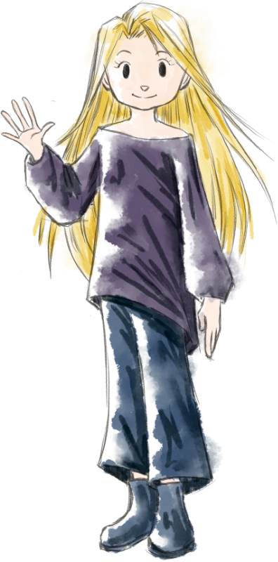 Figure 1:  Watercolour cartoon front drawing of a long-haired blond girl smiling and waving her right hand. She is wearing a purple sweater, blue trousers, and blue ankle boot. 