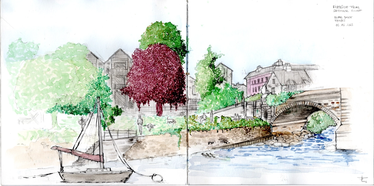 Double spread squared sketchbook with a sketch of a river landscape in summertime. From left to right: a sailboat, trees with green and purple canopy, distant buildings and a stone bridge.