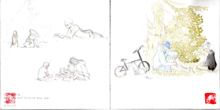 Double spread squared sketchbook with sketches of random people in a park. From left to right: two women seated on the grass chatting, a man lying on the grass reading a book, a group of three teenagers seated in circle each one looking at their mobile phones, a man and a woman seated under a tree with a foldable bike and a dog