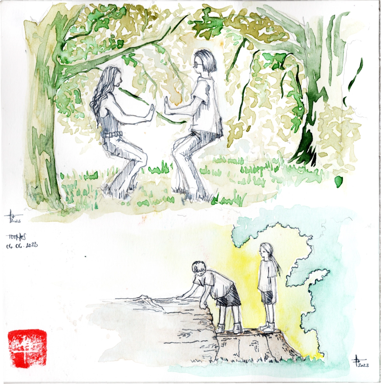 Sketchbook page scan with a drawing of a couple doing Tai Chi in the park on top and two kids playing on a cut trunk of a tree. Yellow and green colours backgrounds, grey ink outlines. Comic sketch style, essential silhouttes