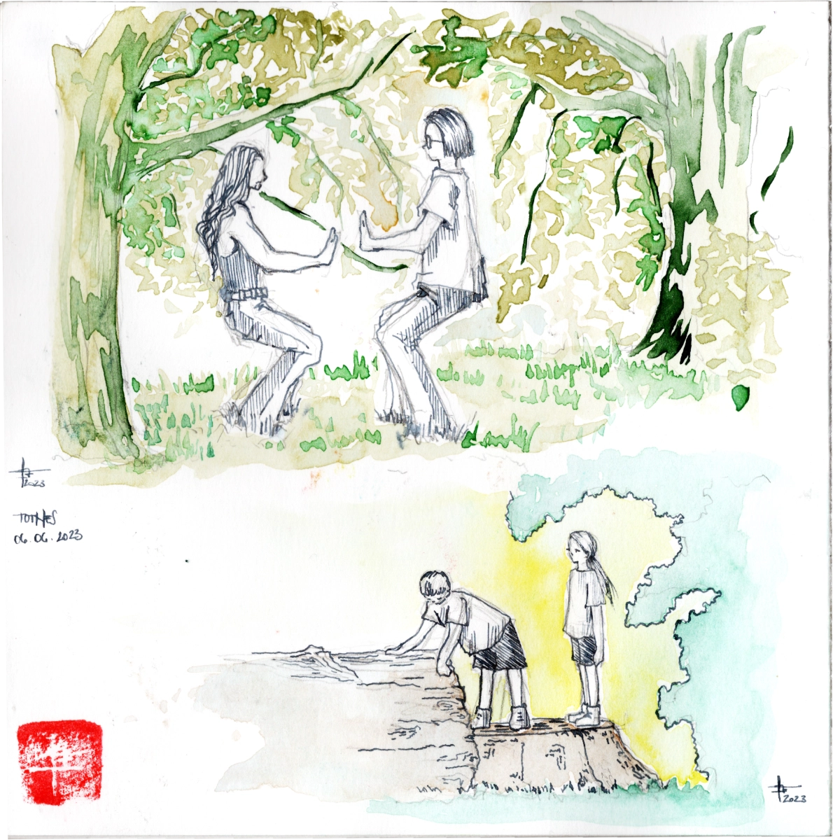 Sketchbook page scan with a drawing of a couple doing Tai Chi in the park on top and two kids playing on a cut trunk of a tree. Yellow and green colours backgrounds, grey ink outlines. Comic sketch style, essential silhouttes