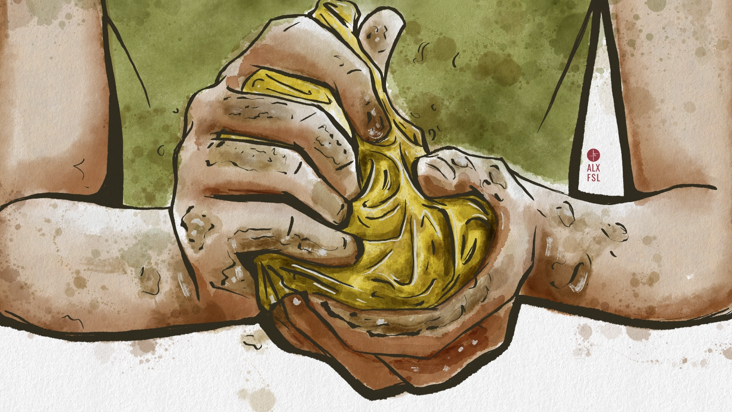 digital drawing of hands kneading clay