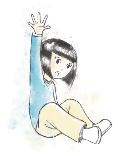 Figure 10: Watercolour cartoon drawing of an Asian child seated on the floor with their right hand up asking a question. They have short straight hair with a fringe and wear a blue shirt, yellow trousers, and white shoes