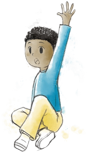 Figure 20: Watercolour cartoon drawing of a Black child seated on the floor with their right hand up asking a question. They have very short curly hair and they wear a blue shirt, yellow trousers, and white shoes