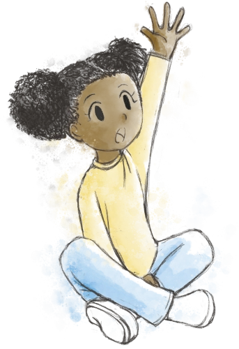 Figure 12: Watercolour cartoon drawing of a Black child seated on the floor with their left hand up asking a question. Their hair are styled in 2 symmetrical buns and they wear a yellow shirt, blue trousers, and white shoes