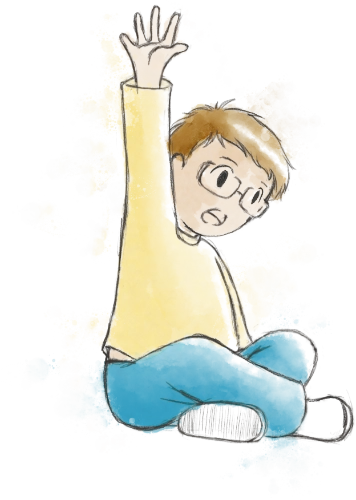 Figure 25: Watercolour cartoon drawing of a white child with glasses seated on the floor with their right hand up asking a question. They have short light brown hair and they wear a yellow shirt, blue trousers, and white shoes