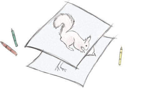 Figure 18: Pencil sketch of paper sheets with animal drawings and coloured crayons around