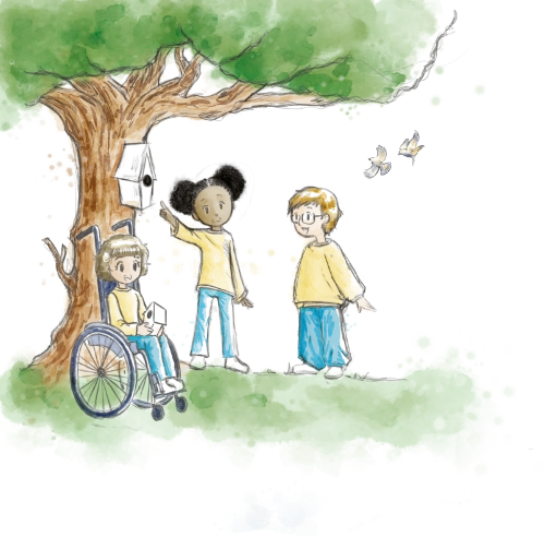 Figure 4: Watercolour cartoon drawing of a group of three children in front of a tree with birds around. From left to right: a child on a wheelchair holding a birdhouse, a black child standing pointing a birdhouse on the tree with her right hand, a child wearing glasses laughing and looking at the birdhouse on the tree. They all wear a yellow sweater and blue trousers