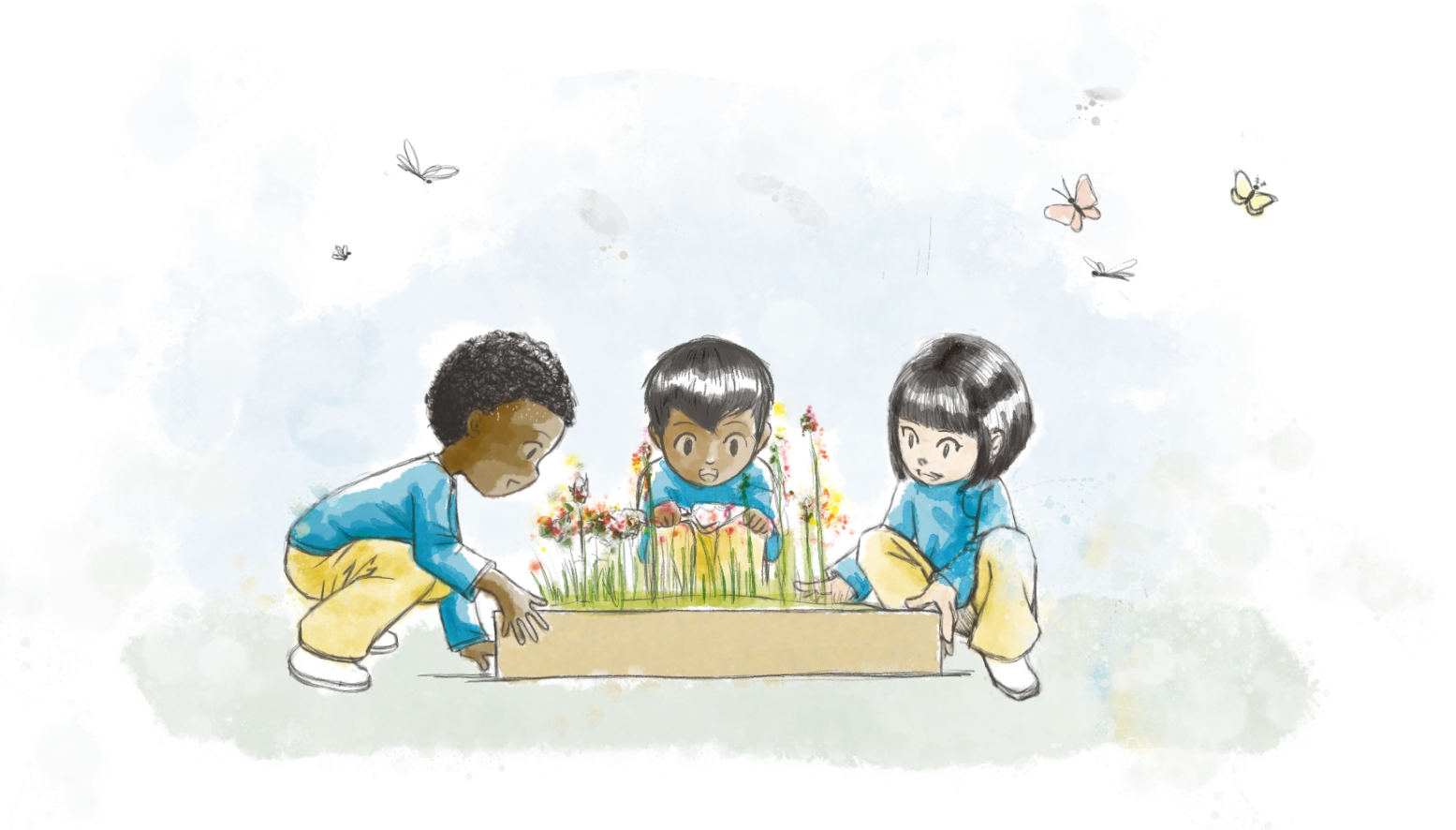 Figure 5: Watercolour cartoon drawing of three children kneeing around a garden box. From left to right: a black child, a brown child, and an Asian child laughing and smiling while planting wild flowers. They are all wearing a blue sweater and yellow trousers. Butterflies, dragonflies, and small insects are flying around the group.