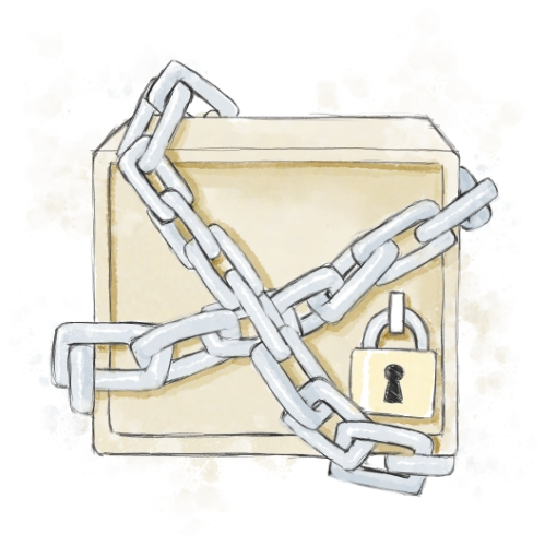 Figure 23: Cartoon drawing of a yellow metal locker with chains around