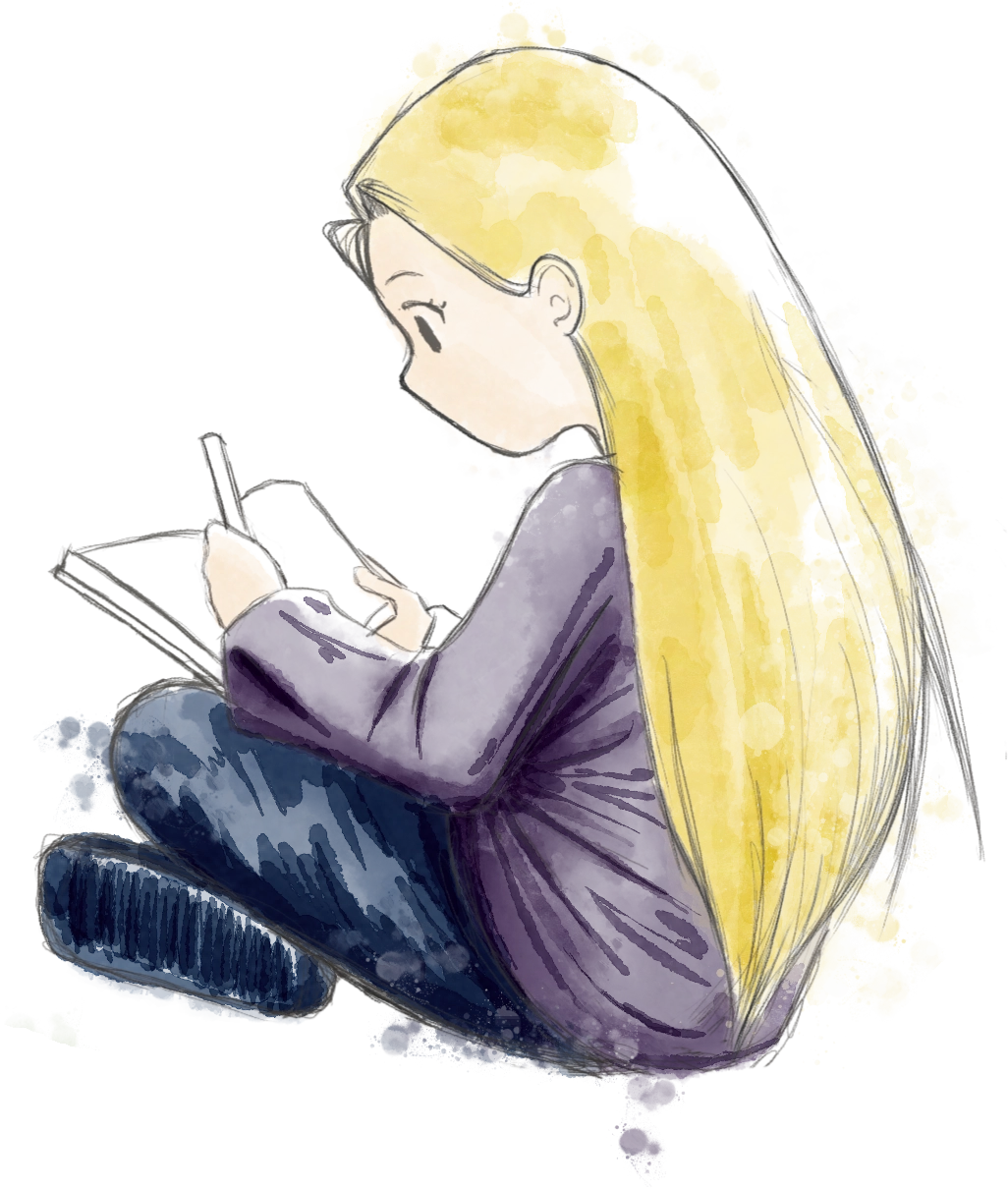 Figure 6: Watercolour cartoon drawing of the same blond girl in figure 1. Right profile view, she is seated and drawing on her sketchbook