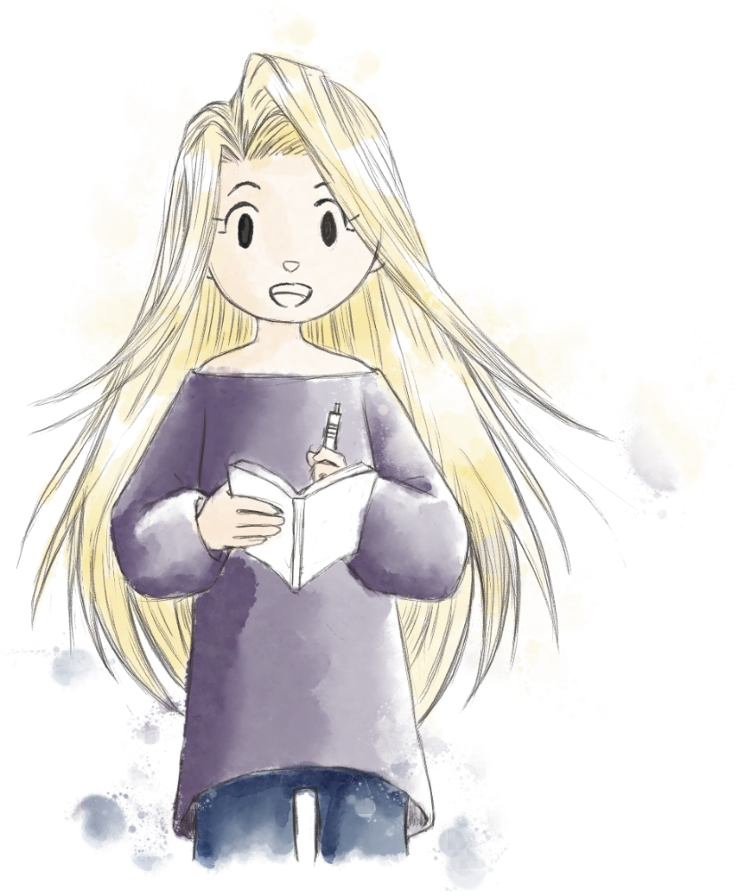 Figure 9: Watercolour cartoon front drawing the long-haired blond girl smiling and writing on her sketchbook while looking at and speaking to the reader.