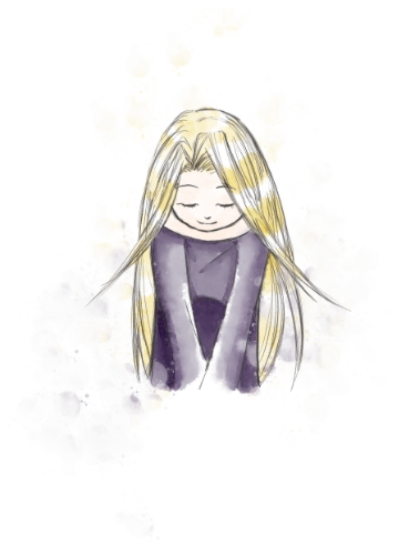 Figure 27: Watercolour cartoon drawing of the long-haired blond bowing forward.