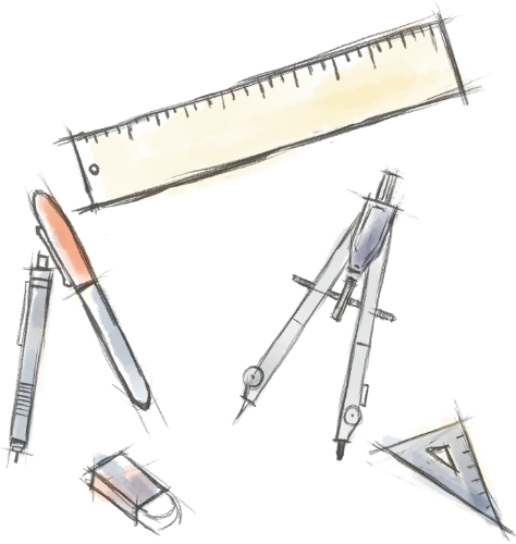 Figure 2: Sketch of scattered drawing tools: (from top and following anti-clockwise) yellow ruler, a red-cap marker, a mechanical pencil, a rubber, a precision compass, and a little square