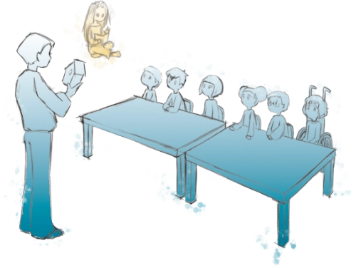 Figure 8: Sketch of children in a classroom listening to a teacher explaining how to make a birdhouse, coloured in shades of blue. The long-haired girl is drawing in the background, coloured in yellow