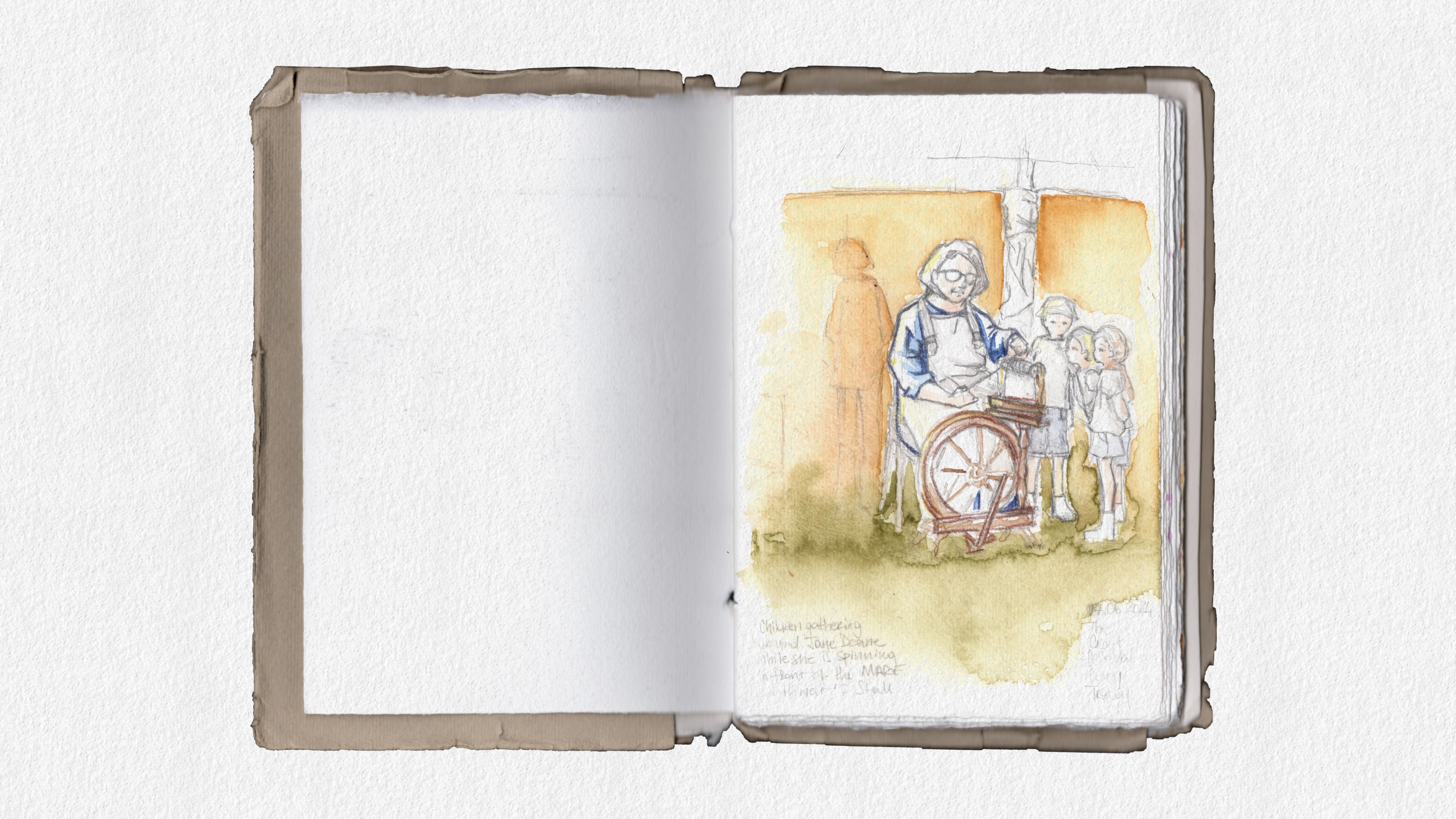 double spread sketchbook with a watercolour sketch of a woman spinning surrounded by children