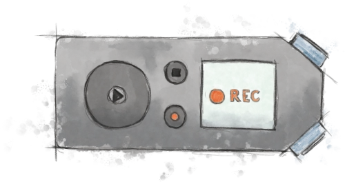 Figure 15: Sketch of a black sound recorder device with play, stop, and rec button, a screen that says 'REC' and 2 small microphone on top.