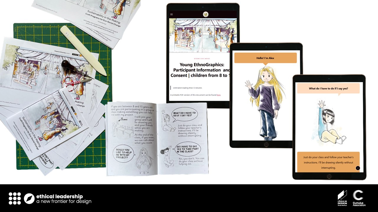 Slide 13. My participant information sheets for children. On the left pictures of the comic booklets open, closed, and before being bound in simple stitching. On the right three mock ups of an iPad showing the web version of the information sheet comic for children.
