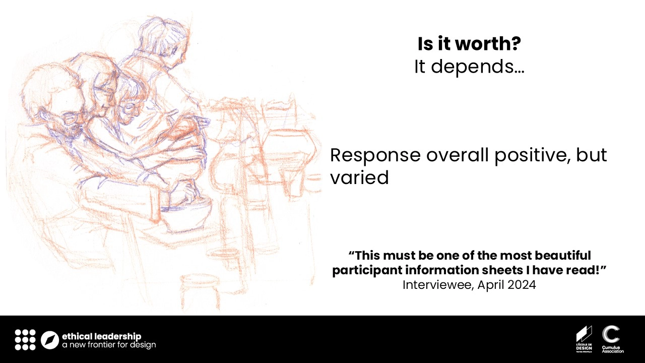 Slide 14. On the right an orange and purple pencil sketch of a group of people making pottery. On the right, the question