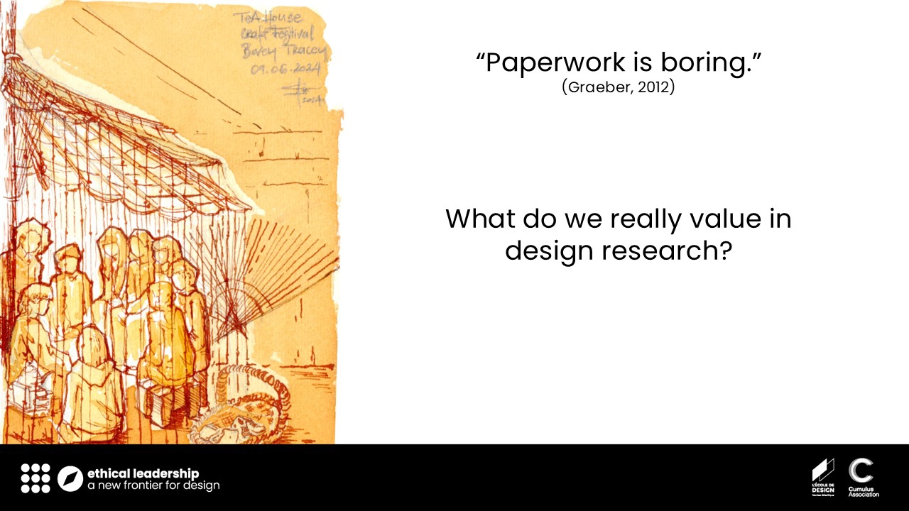 Slide 15. On the left, an orange/yellow/sepia toned watercolour and ink sketch of a people gathering under a wooden lightweight shelter with ropes to separate it from the rest of the room. On the right half of the slide, text saying: