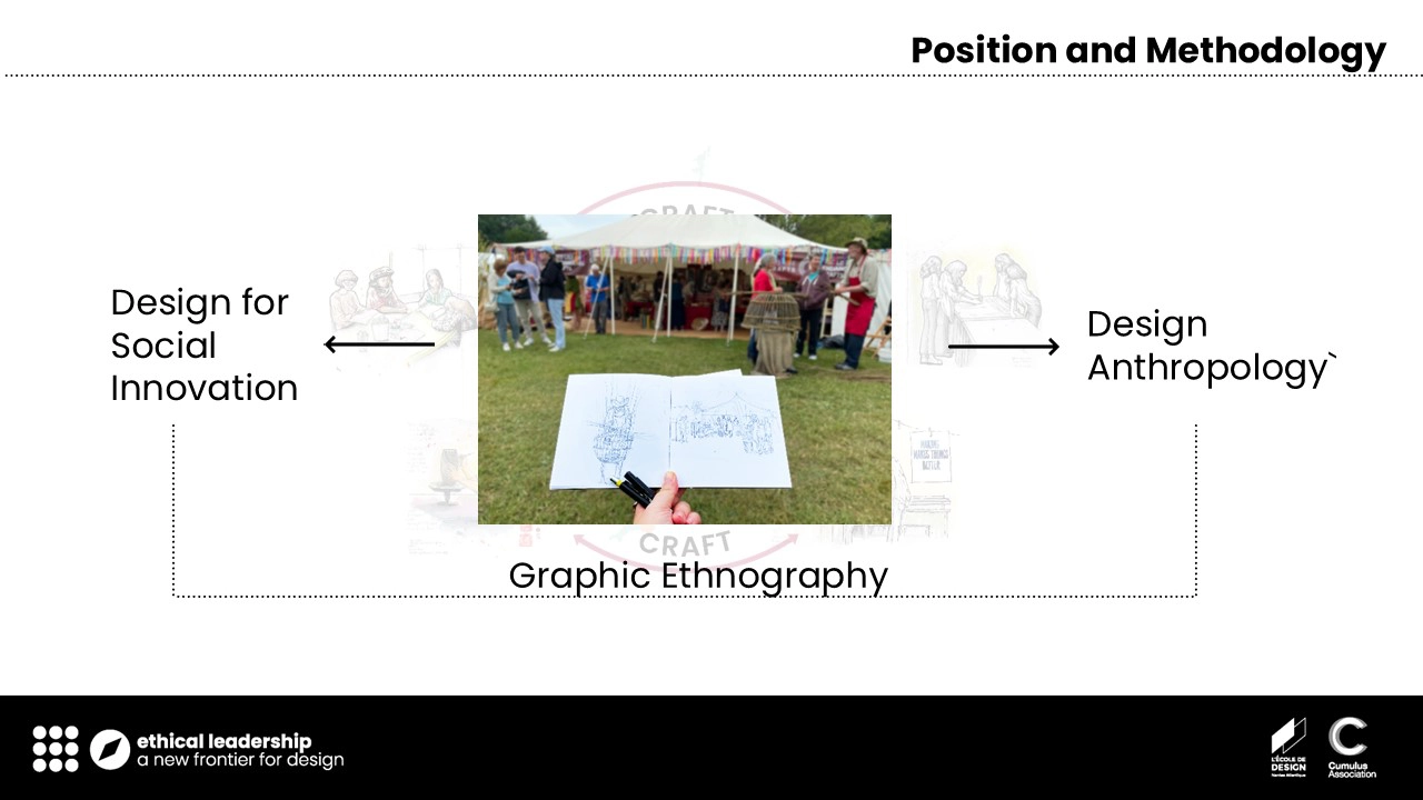Slide 5. Position and Methodology. At the centre of the slide there is a photo of my hand holding a skatchbook with gestural drawings in front of a craft fair stall. From the photo two arrows start: one arrow pointing to