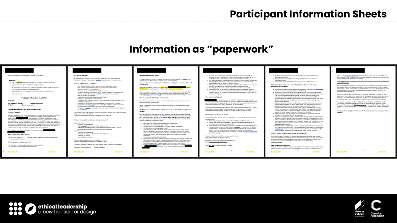 Slide 9. Participant Information Sheets. Plain white slide with a full-width image of 5-pages of a dense text document at the centre of the slide. On the top of the image, in bold text,