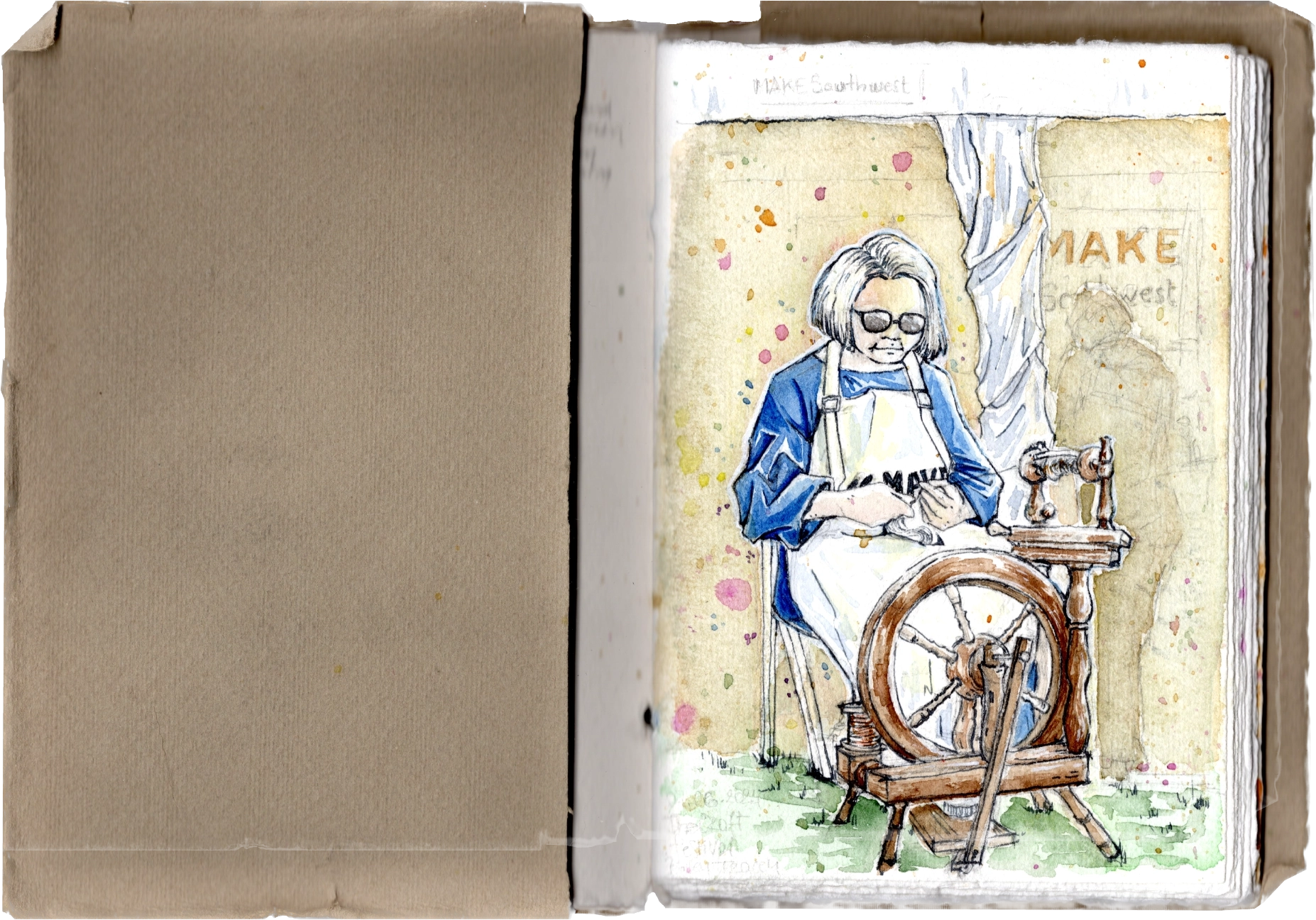 Scan of an A6 watercolour sketchbook. The page on the right has a watercolour drawing of an old woman spinning with a traditional wooden spinning wheel. She is outdoor, wearing blue clothes, a white apron, and sunglasses. Warm colours and mood, with pink and orange watercolour splashes around her.