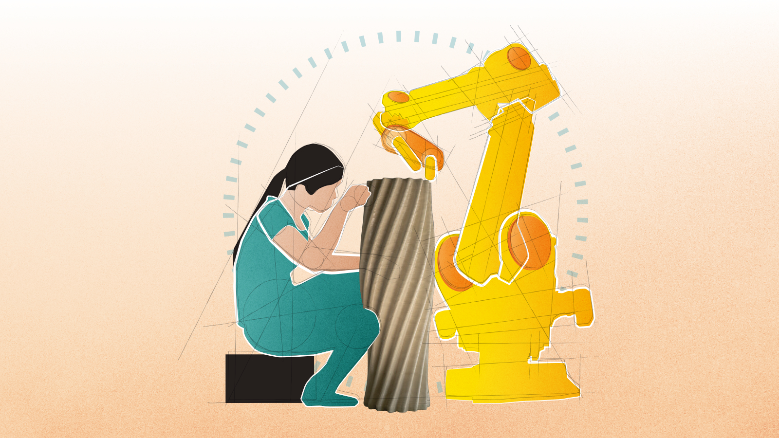 digital drawing of a human figure making a pottery sculpture with the help of a big robot arm. 