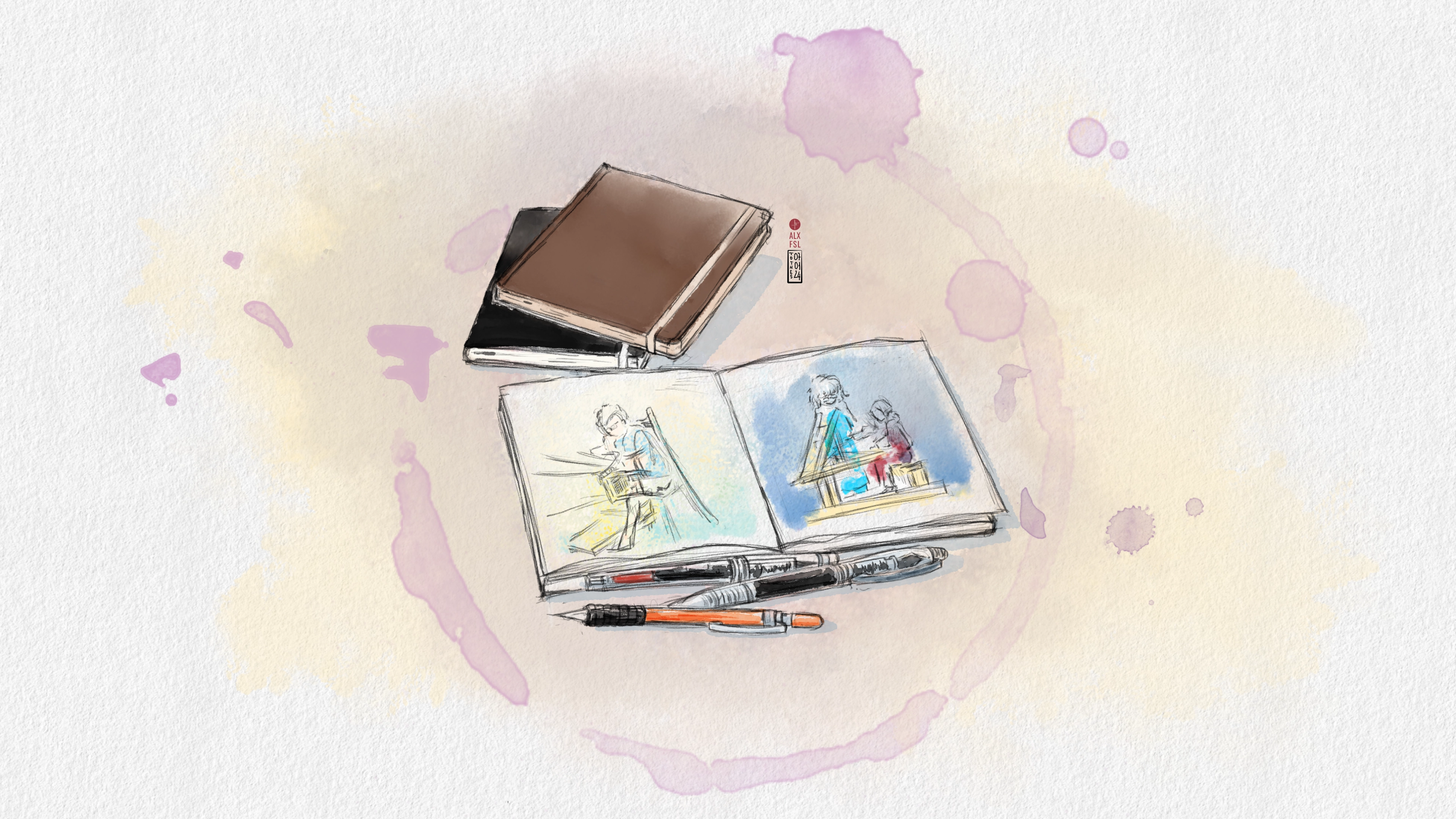 digital watercolour drawing of sketchbooks and pens 